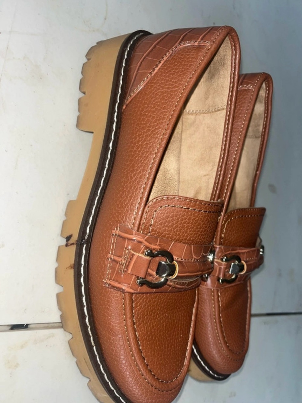 Women's Tan Brown Loafers with Gold-Tone Bit Accent